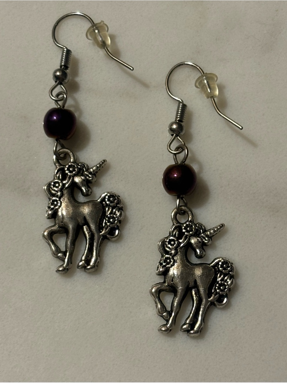 Unicorn Dangle Earrings with Purple Bead